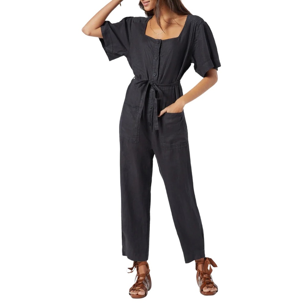 JOIE Viney Linen Jumpsuit Black Lagenlook Small